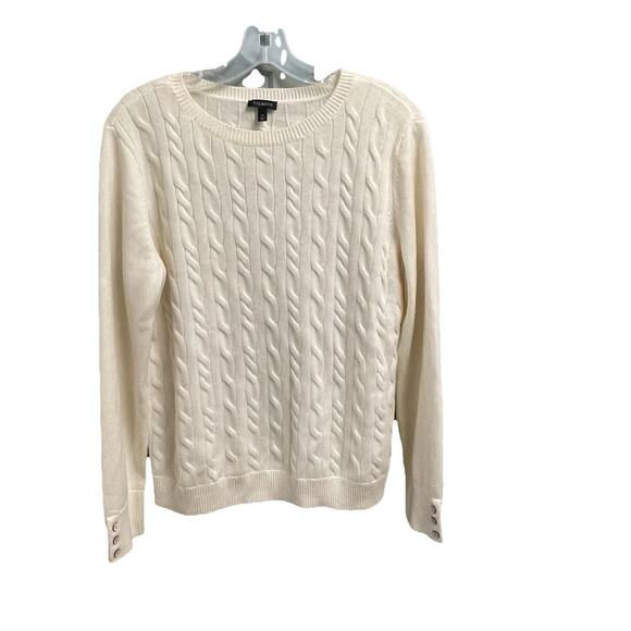 Talbots Cable Knit Sweater Crewneck Pullover Cream Button Cuff SZ XL Minimalist - Picture 1 of 6